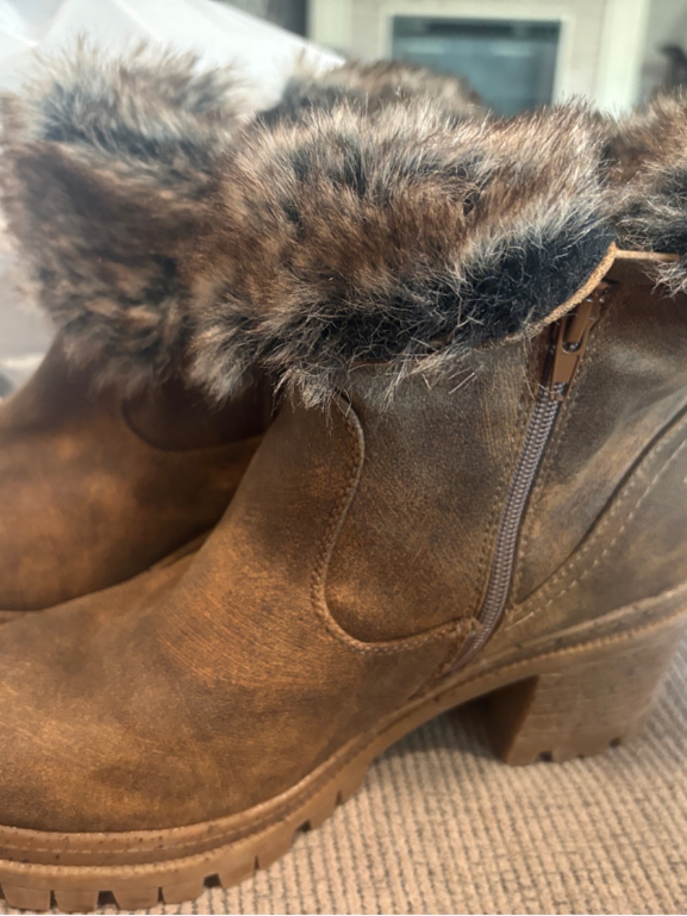 Very G Brown Faux-Fur Trim Heeled Ankle Boots